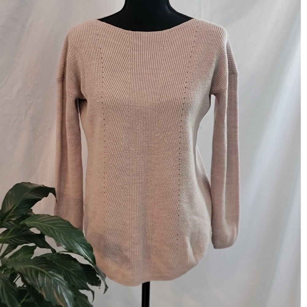 Ann Taylor Factory Beige Ribbed Boat Neck Sweater Pointelle Chevron Tunic Medium